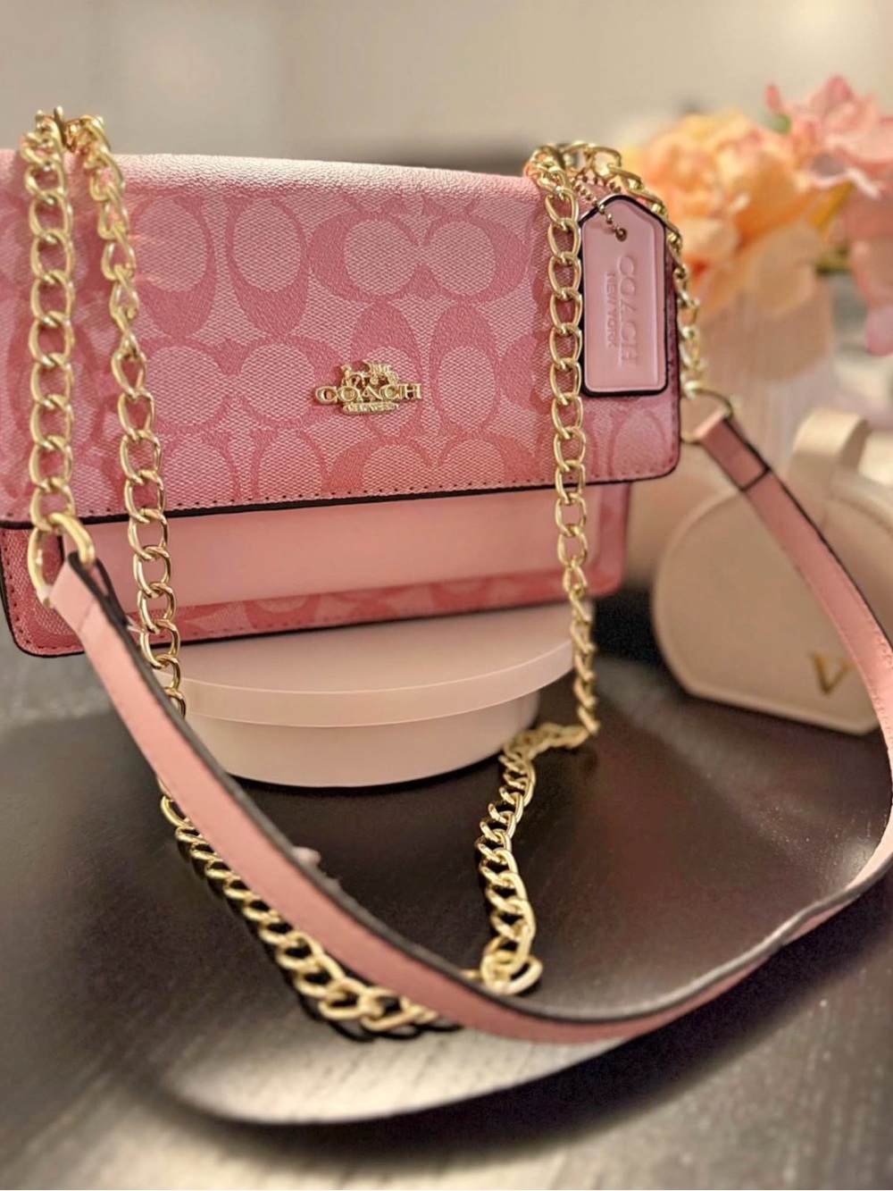 Pink Logo Chain Crossbody with Gold Hardware